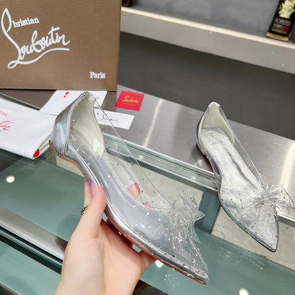 CHRISTIAN LOUBOUTIN 26S BOW EMBELLISHED FLATS IN SILVER LEATHER AND PVC