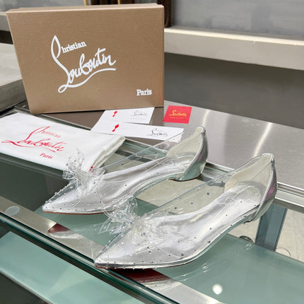 CHRISTIAN LOUBOUTIN 26S BOW EMBELLISHED FLATS IN SILVER LEATHER AND PVC