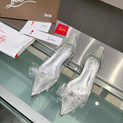 CHRISTIAN LOUBOUTIN 26S BOW EMBELLISHED FLATS IN SILVER LEATHER AND PVC