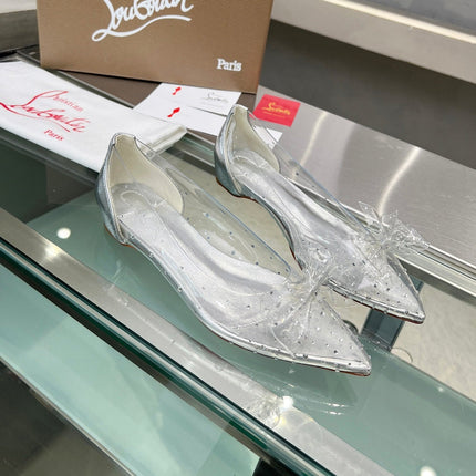 CHRISTIAN LOUBOUTIN 26S BOW EMBELLISHED FLATS IN SILVER LEATHER AND PVC