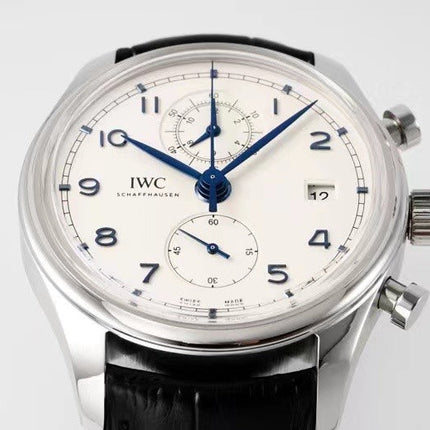 PORTUGIESER CHRONOGRAPH CLASSIC 42 MM SILVER CASE WITH BLACK LEATHER STRAP AND WHITE DIAL