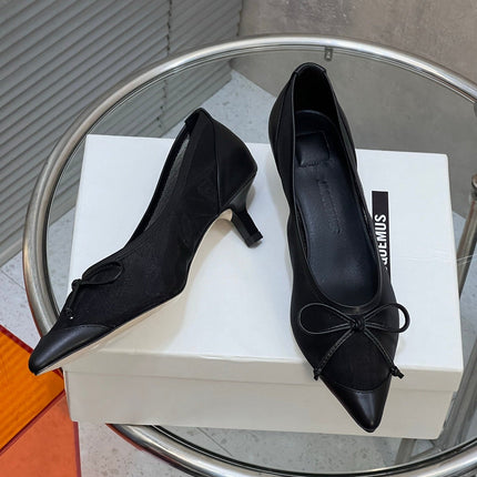 JACQUEMUS 26S HIGH HEELS 45 MM IN BLACK MESH FABRIC AND CALFSKIN