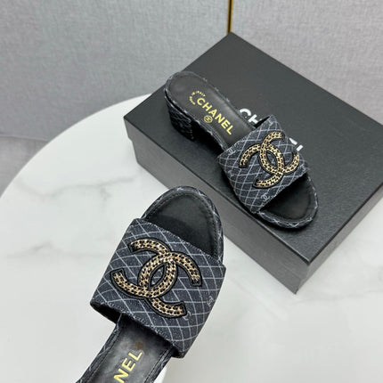 CC HIGH HEEL 25S IN BLACK DENIM STRIPED PATTERN WITH LOGO PRINT