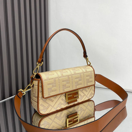 Fend Baguette Gold Tan Canvas Bag 27 with FF Embroidery Ghw