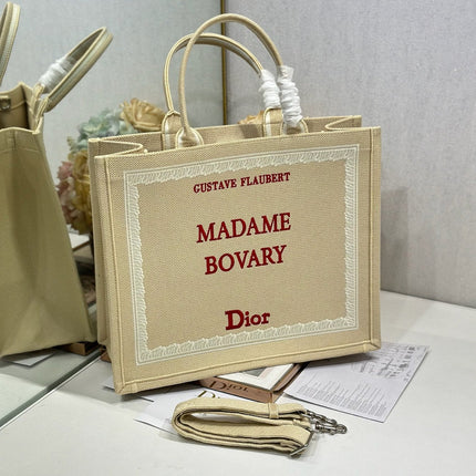 DIOR 26S BOOK TOTE BAG 42 IN BEIGE EMBROIDERED LETTERING FABRIC