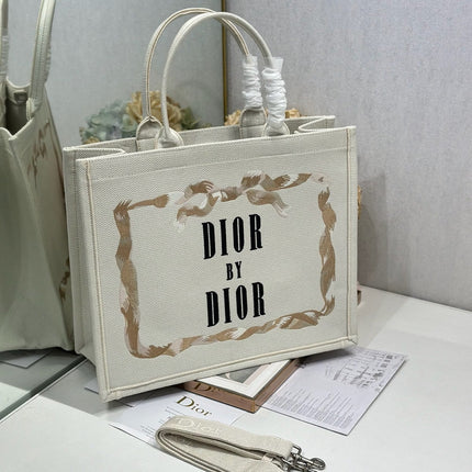 DIOR 26S TOTE BAG 36 IN CREAM BEIGE EMBROIDERED FABRIC