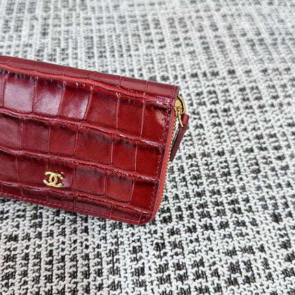 CHANEL 26S ZIPPER WALLET 11 IN DARK RED CROCODILE-EMBOSSED CALFSKIN