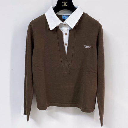 PRADA 26S V-NECK KNIT TOP WITH SHIRT COLLAR 1313