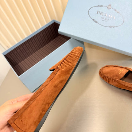 PRADA 26S CLASSIC LOAFERS IN COGNAC BROWN SUEDE