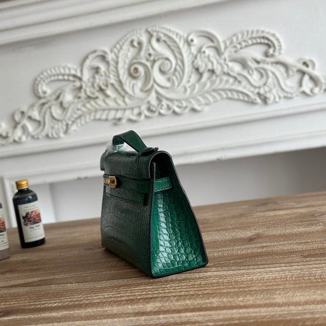 HM 26S KELLY MINI 22CM IN DARK GREEN CROC EMBOSSED CALFSKIN GOLD KELLY BUCKLE