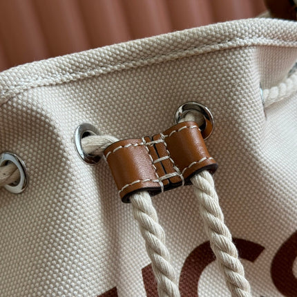 SMALL DRAWSTRING SHOULDER BAG 21 IN WHITE CANVAS BROWN CALFSKIN