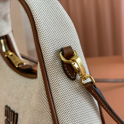 MIUMIU 25S WANDER BAG 20 IN BEIGE CANVAS AND BROWN CALFSKIN