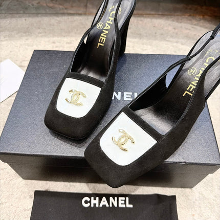 CHANEL 26S SQUARE TOE SLINGBACK PUMPS 95MM IN BLACK AND WHITE SUEDE GOLD HARDWARE