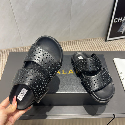 ALAIA CHUNKY TWO-STRAP SLIDES 25S IN BLACK CALFSKIN