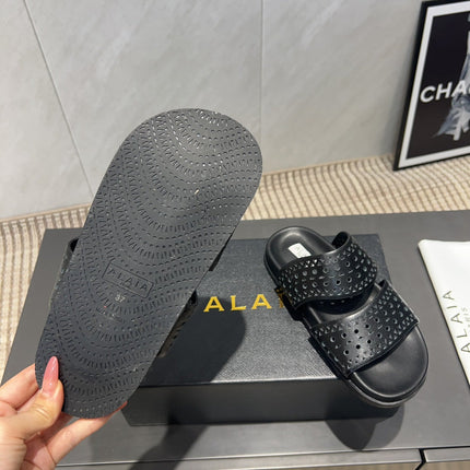 ALAIA CHUNKY TWO-STRAP SLIDES 25S IN BLACK CALFSKIN