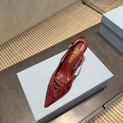 PRADA 26S POINTED TOE SLINGBACK HIGH HEELS 75MM IN DARK RED SUEDE