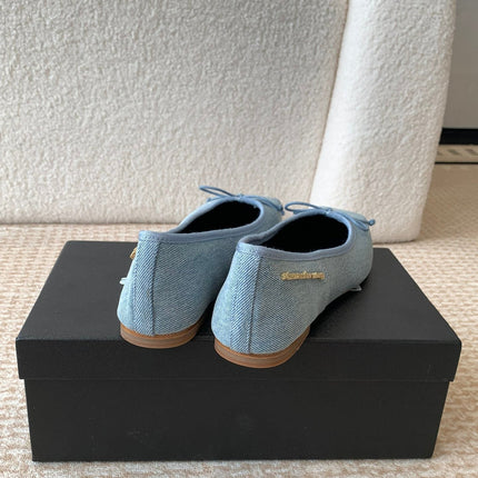 SQUARE-TOE BALLET FLAT IN LIGHT BLUE DENIM FABRIC WITH BOW