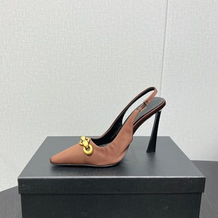 GOLD CHAIN ATTACHED HIGH SLINGBACK IN TOFFEE BROWN SILK