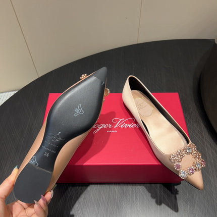 ROGER VIVIER 25S GRETE BALLET FLATS IN DARK NUDE SILK WITH EMBELLISHED CRYSTALS
