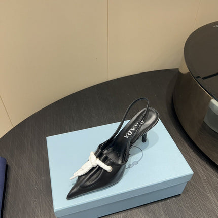 PRADA 25S POINTED TOE SLINGBACK 85MM IN BLACK LAMBSKIN WITH TIE UP DESIGN