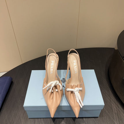 PRADA 25S POINTED TOE SLINGBACK 85MM IN BEIGE LAMBSKIN WITH TIE UP DESIGN