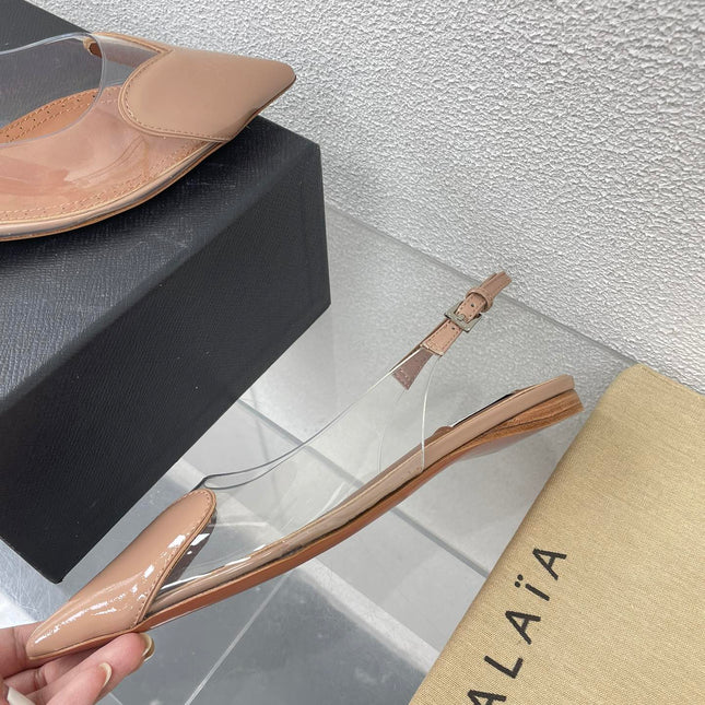 ALAIA LE COEUR FLAT SLINGBACKS IN BEIGE PATENT LAMBSKIN