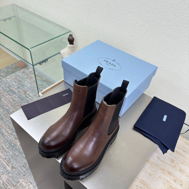 PRADA 25S PLATFORM CHELSEA BOOTS IN DARK BROWN CALFSKIN