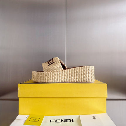 FENDI PLATFORM WEDGES IN BEIGE RAFFIA WITH BROWN EMBROIDERED LOGO