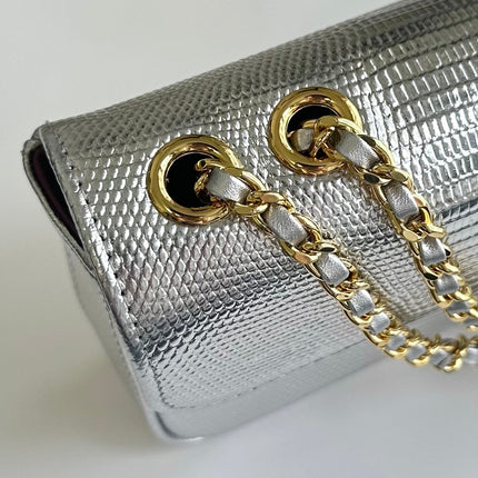 CHANEL 26S FLAP BAG 22 IN METALLIC SILVER LIZARD-EMBOSSED LEATHER