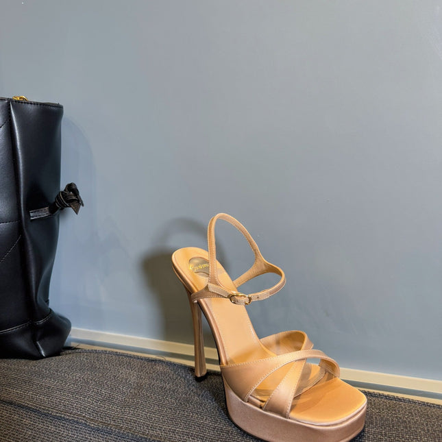 YSL 26S CROSS-STRAP SANDALS 150 MM IN NUDE SATIN
