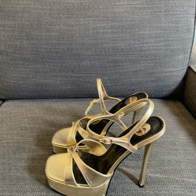 YSL 26S CROSS-STRAP SANDALS 150 MM IN GOLD CALFSKIN
