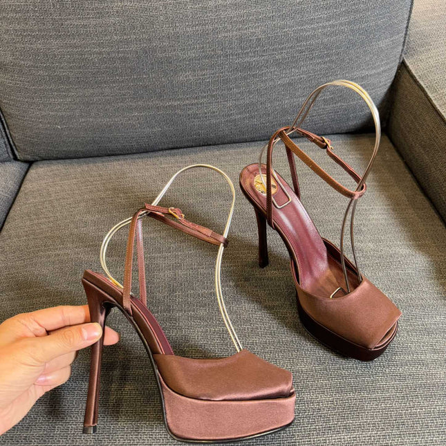 YSL 26S PLATFORM SANDALS 150 MM IN BROWN SATIN