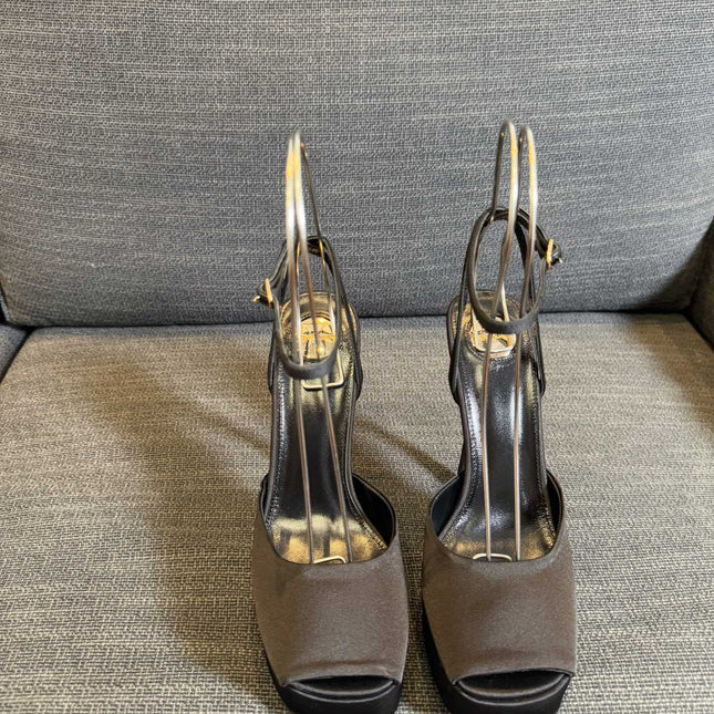 YSL 26S PLATFORM SANDALS 150 MM IN TAUPE AND BLACK SATIN