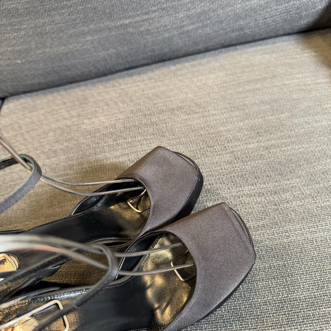 YSL 26S PLATFORM SANDALS 150 MM IN TAUPE AND BLACK SATIN
