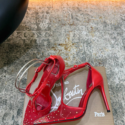 CHRISTIAN LOUBOUTIN 26S T-STRAP PUMPS 100 MM IN RED MESH RHINESTONE EMBELLISHMENTS