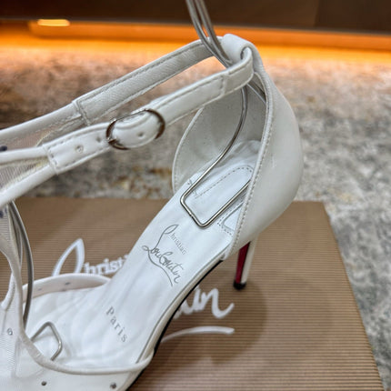 CHRISTIAN LOUBOUTIN 26S T-STRAP PUMPS 100 MM IN OFF WHITE MESH RHINESTONE EMBELLISHMENTS