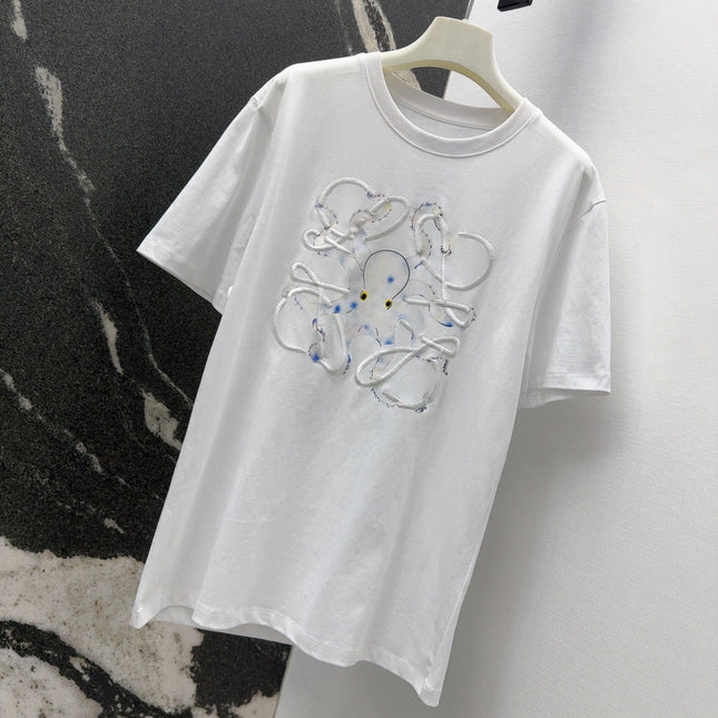 Loewe Octopus Print Embroidered Short-sleeved T-shirt White Cotton