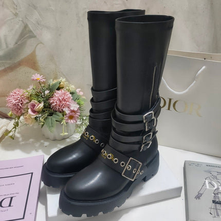 CD ZIPPER BUCKLE BOOTS IN BLACK CALFSKIN