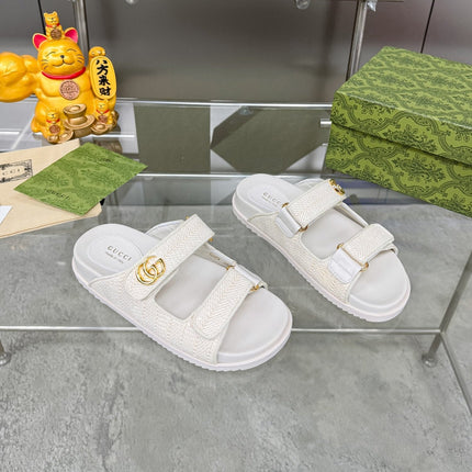 GG SANDALS IN WHITE FABRIC AND CALFSKIN WITH GOLD HARDWARE