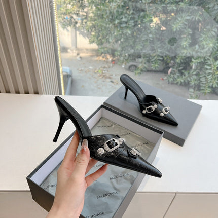 CRYSTAL BUCKLE BLACK WAX-OIL SHEEPSKIN HEELED MULES