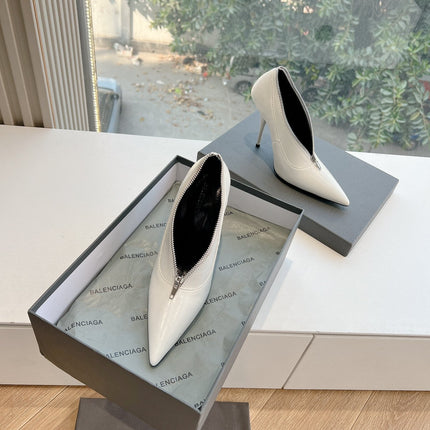 ZIPPER POINTED-TOE HIGH PUMPS IN WHITE WAX-OIL SHEEPSKIN
