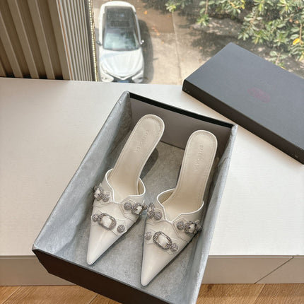 CRYSTAL BUCKLE WHITE CALFSKIN HEELED MULES