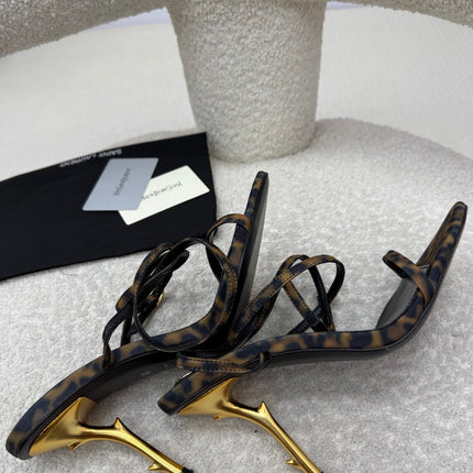 YSL 25S STRAPPY HIGH-HEEL SANDALS 95 MM IN LEOPARD PRINT LAMBSKIN