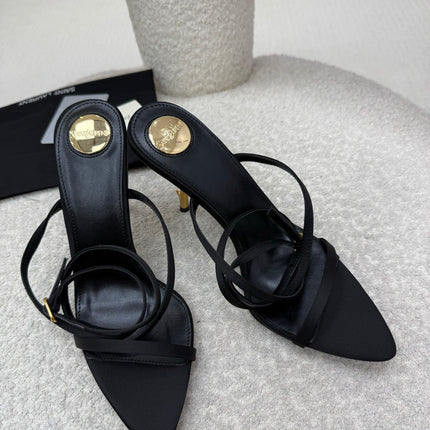 YSL 25S STRAPPY HIGH-HEEL SANDALS 95 MM IN BLACK LAMBSKIN