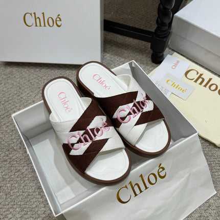 CHLOE 26S FLAT SLIDES IN WHITE & DARK BROWN CANVAS