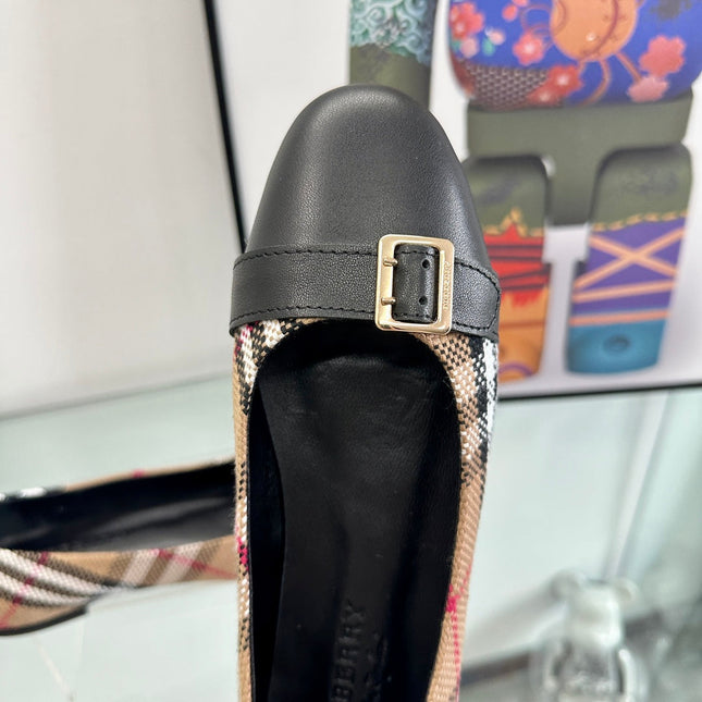 BURBERRY 26S PLAID FLATS IN BLACK CALFSKIN AND FABRIC