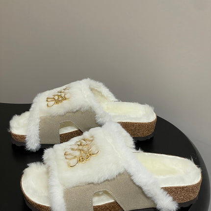 LOEWE X BIRKENSTOCK SLIPPERS WHITE GRAY FUR