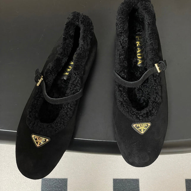 PRADA 25S MARY JANE FLATS IN BLACK SUEDE WITH GOLD HARDWARE