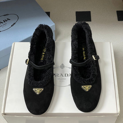PRADA 25S MARY JANE FLATS IN BLACK SUEDE WITH GOLD HARDWARE
