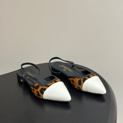 CHANEL 26S POINTED TOE SLINGBACKS IN BROWN PONY HAIR AND WHITE LAMBSKIN